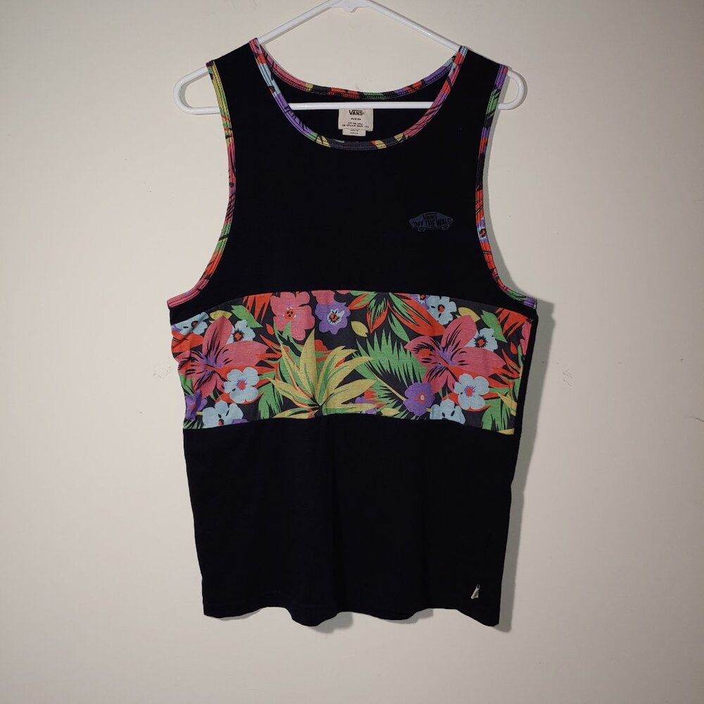 Vans of the Wall Vintage Tank Top Black with Colorful Floral Print Panel Size M